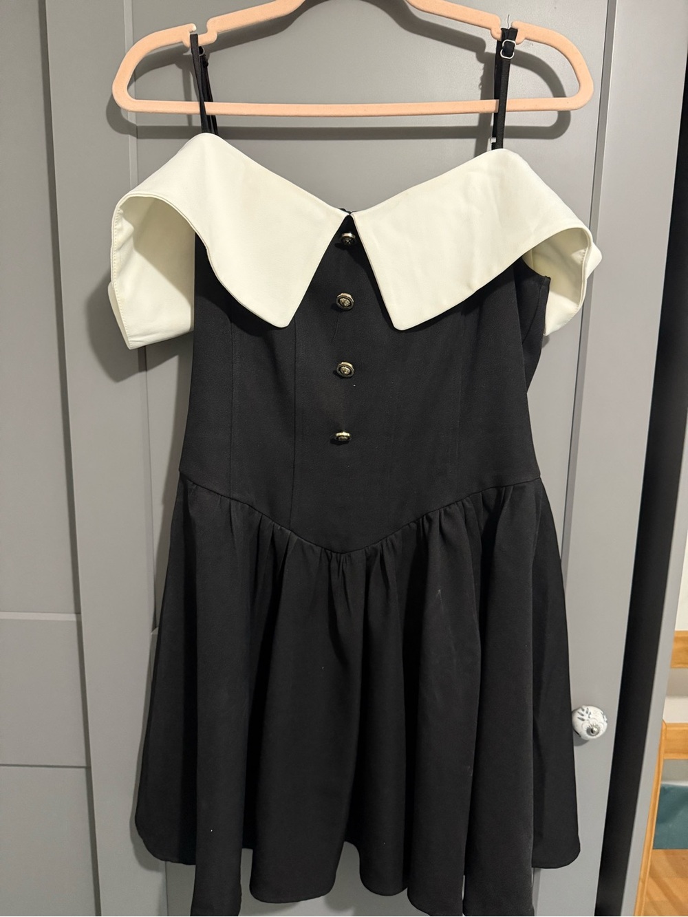 Girls Black Dress with White Collar - Classic Off-Shoulder Style